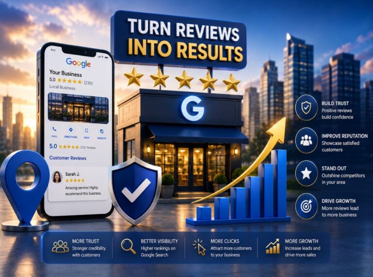 Professional 3D illustration showing a Google Business Profile storefront, customer reviews, security shield, location pin, and growth chart representing Google Business Profile optimization for better local search rankings.