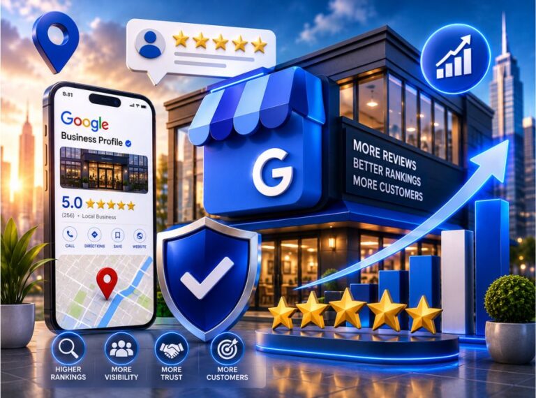 Professional 3D illustration showing a Google Business Profile, five-star customer reviews, local business storefront, security shield, growth chart, and location pin representing improved local SEO rankings.