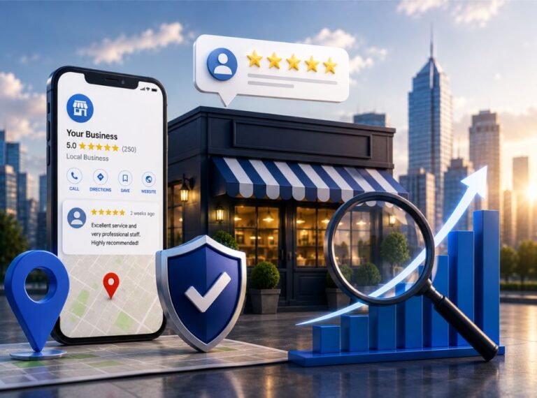 Professional 3D illustration of a local business storefront with positive Google Reviews, five-star customer ratings, location pin, security shield, and growth chart representing customer trust and business credibility.