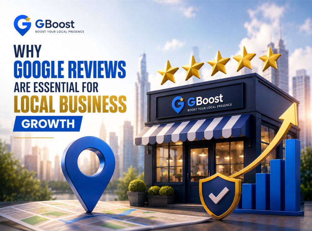 Professional 3D illustration by GBoost showing a local business storefront with five-star ratings, location pin, security shield, and growth chart representing why Google Reviews are essential for local business growth.