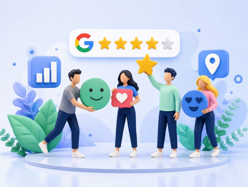 Modern 3D illustration representing Google Business Profile reviews, customer satisfaction, local business growth, and online reputation management.