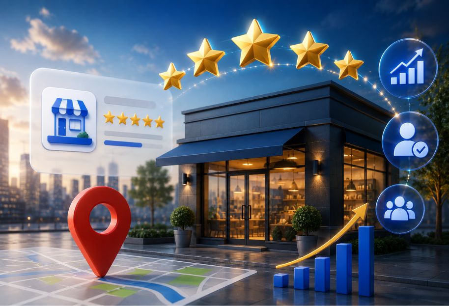 Buy Google Business Profile Reviews illustration showing a local business with five-star ratings, map location, customer trust, and improved local SEO search rankings.
